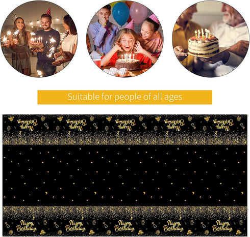 Aneco 2 Pack Black Gold Happy Birthday Tablecloths - Party Table Covers for Decorations (108 x 54 Inches)