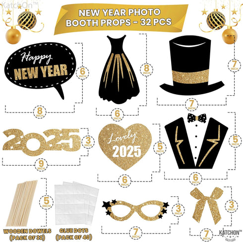 KatchOn Glitter New Years Photo Booth Props 2025 - Pack of 32 for New Years Eve Party Supplies and Decorations