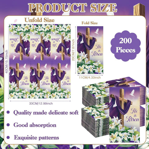 Chiisong 200 Pcs Easter Paper Napkins Bulks He Is Risen Napkins Disposable Spring Lily Purple Easter Bunny Egg Guest