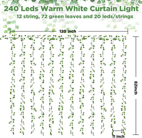 12 Pack 240 8 Fake Vines Curtain String Light LED Mode & Timer Hanging Ivy Lights Vines for Bedroom Wall Hanging Garden