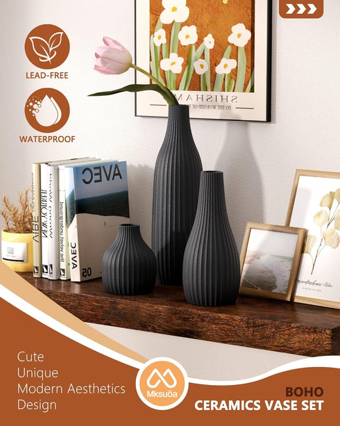 Mksuuoa Set 3 Decorative Flower Vase of - Modern Boho Style Black Vases, Ribbed Textures Ceramic Vase for Home Decor