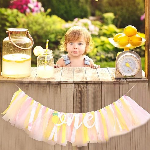 1st One Person Lemon Banner - Birthday High Chair Decor, Smashed Cake Photo Props, Piece Skirt