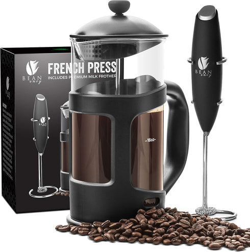 Bean Envy French Press Coffee Maker and Milk Frother Set - 34 oz Glass Carafe Coffee Press & Drink Mixer Duo w/ Stainless Steel Stand by Bean Envy