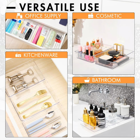 HOUSE DAY 6 PCS Desk Drawer Organizer Bins, Clear 9*6*2" Non-Slip Plastic Organizers for Makeup, Office
