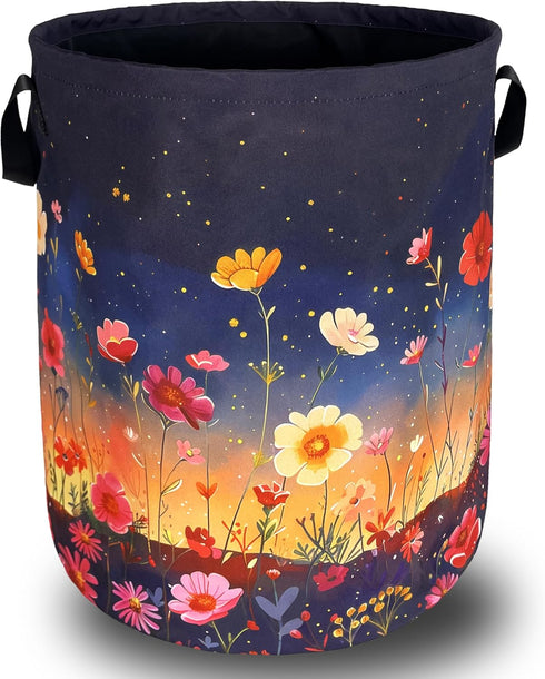 Colorful Flowers At Night Laundry Basket, Waterproof Oxford Cloth Tote Bag, 18.9" x 16.5" for Bathroom/Laundry Storage