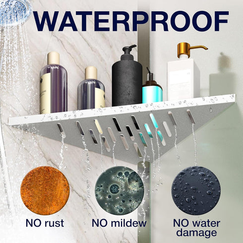 iReef way 14" Corner Shower Shelf for Inside Shower - Adhesive/Stick/Drill/No Drill - Floating Strong White Corner