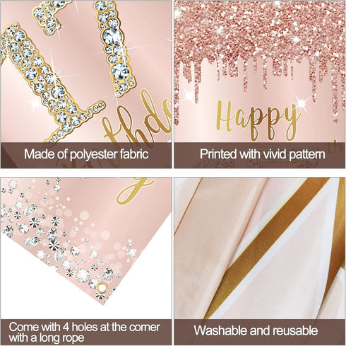 Happy 17th Birthday Door Banner Decorations - Pink Rose Gold 17 Birthday Cover Backdrop Party Supplies