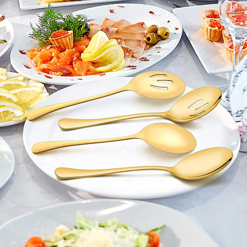 LIANYU 3 Large Gold Serving Spoons, 3 Gold Slotted Serving Spoons, 3 Gold Serving Tongs - 9.8 Inch Stainless Steel