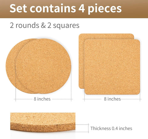 Cork Trivets for Hot Dishes, Cork Pot Holder for Hot Pots and Pans 4 Pack 8 Inch, Heat Resistant Cork Board, Hot Pads for Table and Countertop, Thick Cork Coasters for Drinks