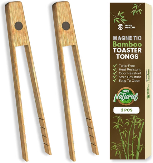 Toaster Tongs With Magnet, Bamboo Kitchen Utensils for Cooking & Holding Toast, 8" Long Natural Toxic Free Set