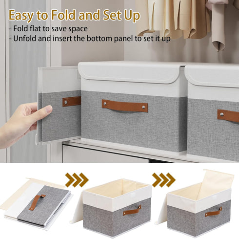 Yawinhe Storage Boxes with Lids, Linen Fabric Bin, Cube Organizer Basket, Washable, White/Grey, 1-Pack