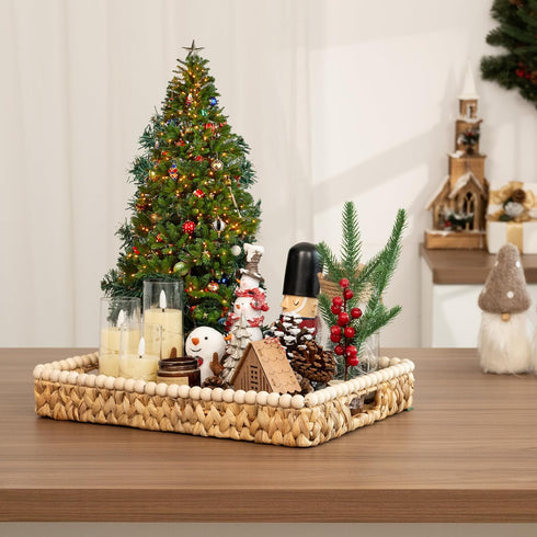 Counter, StorageWorks Rectangle Decorative Trays for Home Decor Farmhouse, Wicker Coffee Table Tray Decor with Wooden