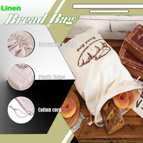 2 Pack 11.75" 11.5" Bread Bag with Inside Lining, Reusable Linen Bread Storage Bags, x Homemade Bun Container, Double