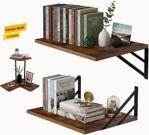 AdVinco Rustic Brown Floating Shelves Set of 2 with Corner Shelf Wood Wall