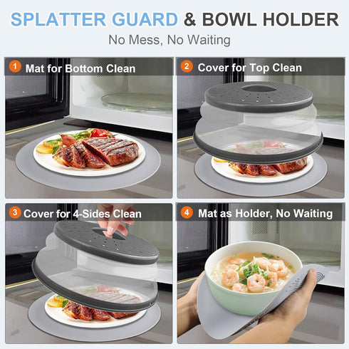 10 Inch Microwave Food Cover & Collapsible Silicone Mat, Splatter Guard, Plate Holder & Kitchen Colander for Meal Prep,