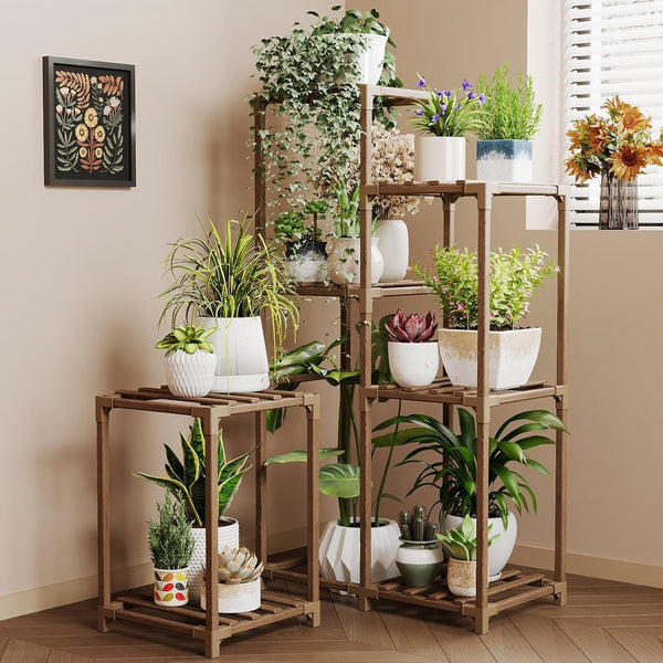 Bamworld Plant Stand Indoor Corner Plant Shelf Wood Plant Holder for Multiple