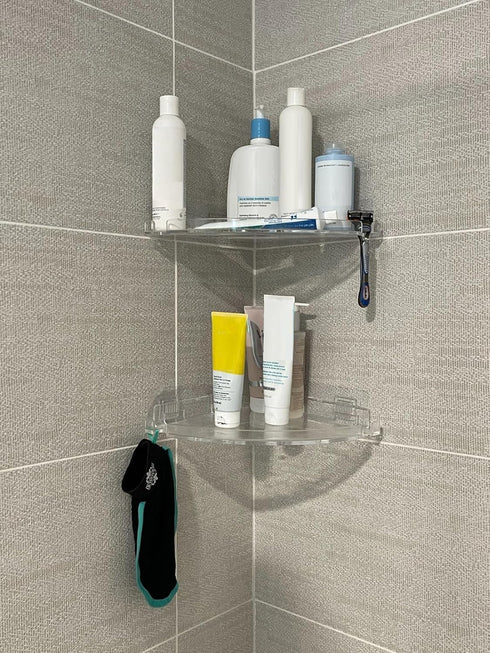 JiePai Acrylic Corner Shower Caddy Shelf with Hooks, 2 Pack Adhesive Wall Mounted Organizer for Shower & Kitchen Storage