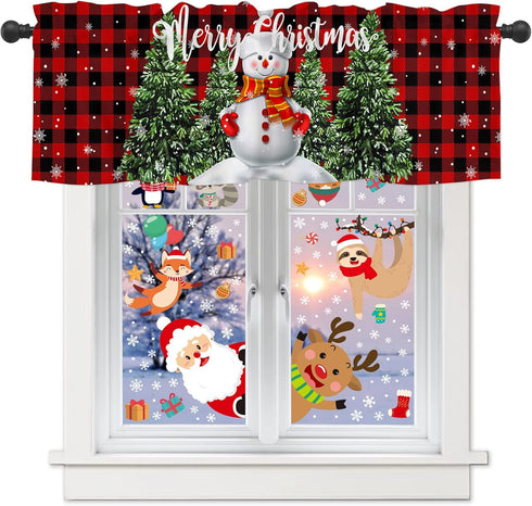 Christmas Valance for Windows, Snowman with Xmas Tree Window Toppers, 1 Panel Red Buffalo Plaid Check Treatments 54 x