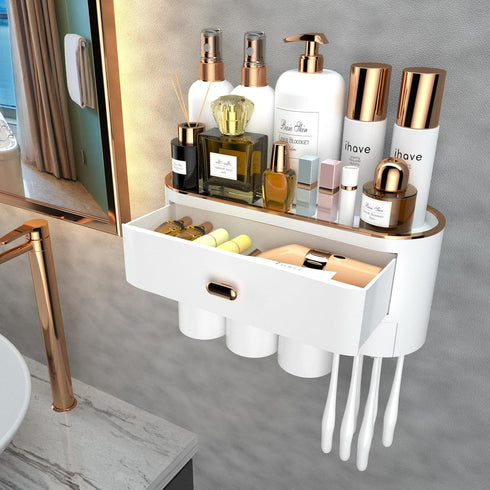 iHave 3 Cups Toothbrush Holders for Bathrooms, Wall Mounted Organizer with Large Capacity Drawer and Tray