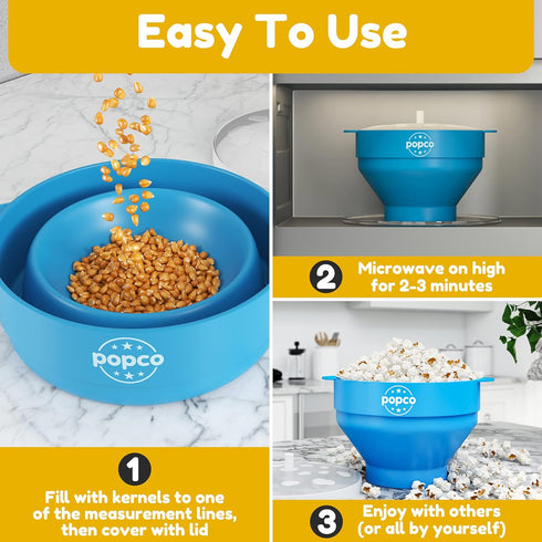 POPCO Silicone Popcorn Maker with Handles, Collapsible Bowl, BPA Free, Dishwasher Safe - 10 Colors (Transparent Red)