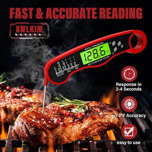 Meat Thermometer Digital - Fast Instant Read Food Thermometer for Cooking, Candy Making, Outside Grill, Waterproof Kitchen Thermometer with Backlight & Hold Function - Red