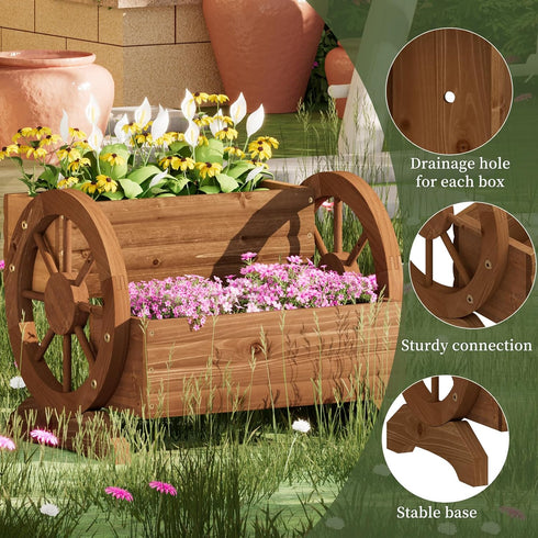 PULIJIAJU Wooden Wagon Planter Flower Cart with Wheels Garden Box Garden Planter, Decorative Planter for Flowers Herbs