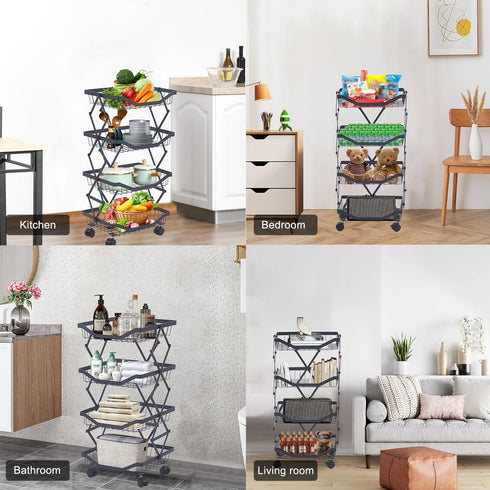 ULIKEUS 4 Tier Fruit Basket for Kitchen Stackable Metal Wire Fruit Vegetable Basket with Wheels Narrow Corner Rolling