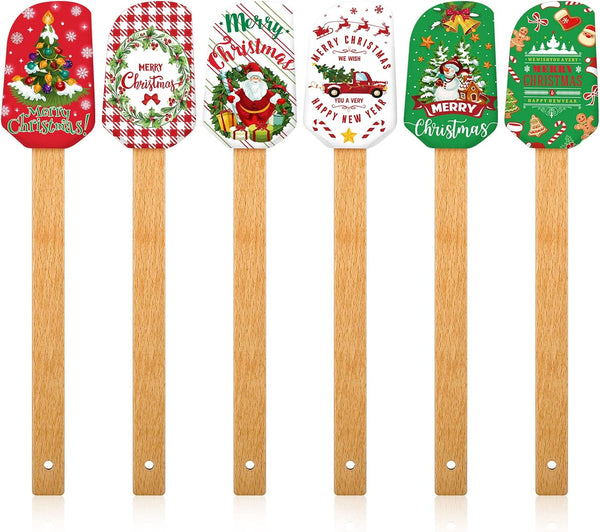 6 Pieces Christmas Silicone Spatula Set, Cute Style Pancake Spatula with Wooden Handle for Baking