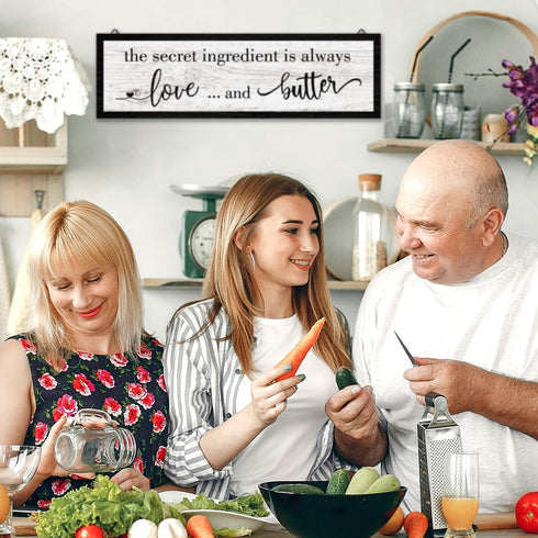 Jetec The Secret Ingredient Is Always Love and Butter Sign - Funny Wood Kitchen Decor, 15.7 x 4.7 Inch (Black)