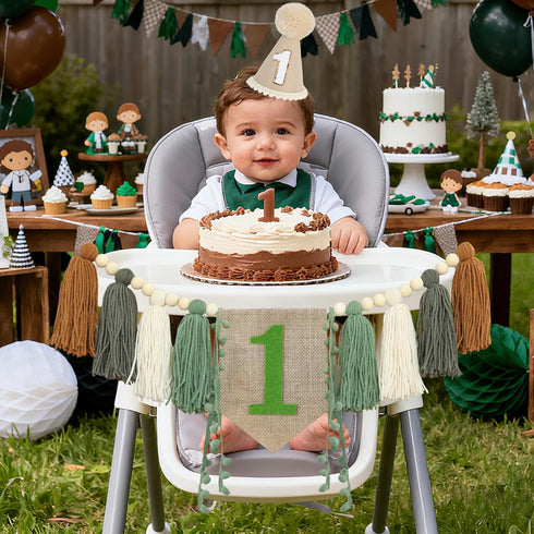 1st Wild One High Chair Banner Boy First Birthday Decorations,Jungle Green Highchair Banner,Woodland One Year Old Party
