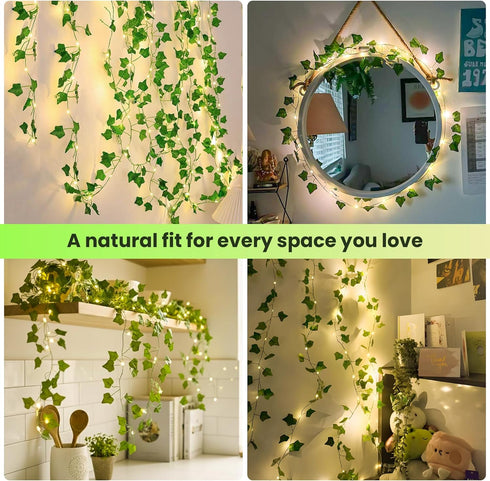 23FT 73 Ivy Vine String Lights, LED Lighted Garland with Green Leaves, USB & Battery Powered, Room Wall, Dorm, Bedroom