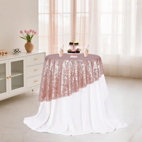 PartyDelight Round Sequin Tablecloth 50 inch Rose Gold for Wedding, Birthday, Bridal, Baby Shower Decorations