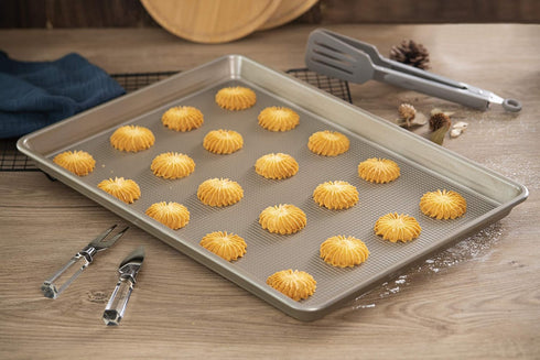 Nonstick Large Baking Cookie Sheet | Heavy Duty Carbon Steel Baking Pan for Oven | 17.7 Inch x 12.8 Inch, Champagne Gold