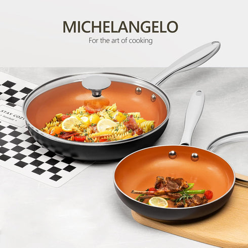 MICHELANGELO 10 Inch Copper Nonstick Frying Pan with Lid, Scratch Resistant Ceramic Coating
