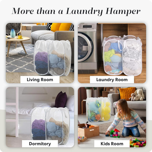 Handy Laundry Mesh Popup Hamper - White, Two Compartments, Collapsible for Easy Storage, Great for Kids Room or Travel.