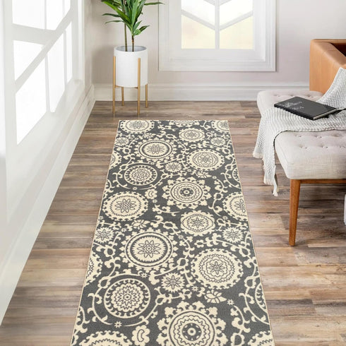 Custom Size Grey Floral Medallion Rubber Backed Non-Slip Hallway Stair Runner Rug, 22 inch Wide