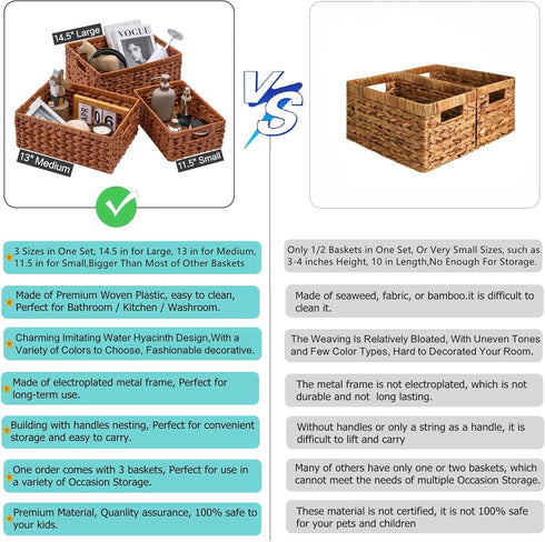 Set of 3 Wicker Storage Baskets with Built-in Handles - Multipurpose Nesting Baskets for Kitchen, Bathroom, Closet