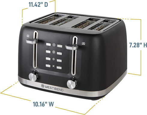West Bend 4 Slice Toaster - Extra-Wide and Deep Slots with 3 Functions, 7 Shade Settings, Black