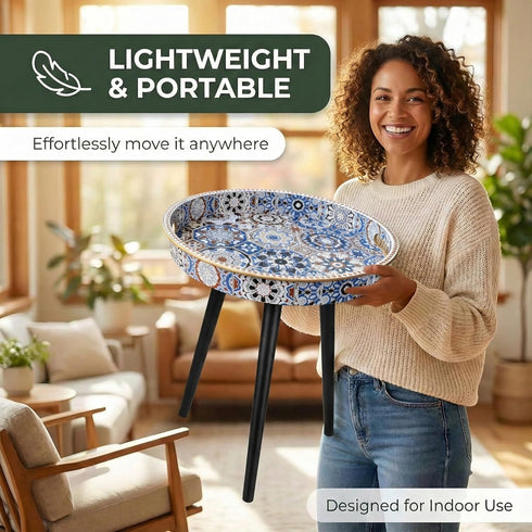 13" Zosenley Small Round Side Table - Blue Boho Geometric End Table with Vintage Pattern Tray - Unique Artistic Accent