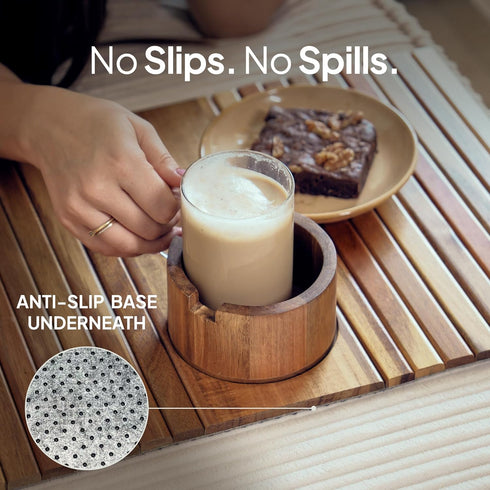 THE LAZY STORE Acacia Couch Arm Tray for Drinks and Snacks with Detachable Cup Holder, Anti Slip Base and Foldable
