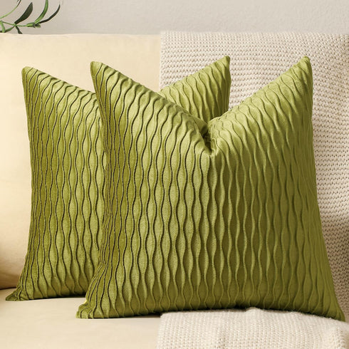 DEZENE 18x18 Moss Green Throw Pillow Cases, 2 Pack Original Striped Velvet Decorative Covers