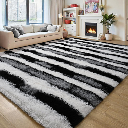 5x7 Black and White Fluffy Soft Plush Striped Area Rugs for Bedroom, Indoor Non Slip Washable Rug for Living Room
