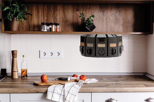 12 8.75 8.75 6 inches Kitchen Art Spice Rack Select-A-Spice Auto-Measure Carousel Compartments Black x x