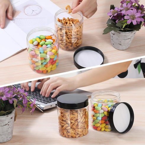 Plastic Jars with Lids, 16 oz Clear Airtight Storage Containers, Pack of 16 with Black Lids for Dry Food