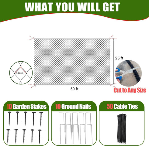 25x50 2.4" CITOOTY Bird Netting for Chicken Coop Run, Ft Heavy Duty Poultry Netting with Mesh, UV Resistant Black Net