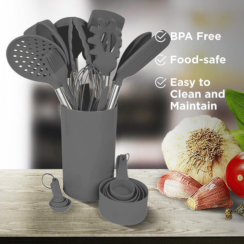 Silicone Kitchen Utensils Set, Culinary Couture 24-Pieces Grey Cooking Utensils for Nonstick Cookware