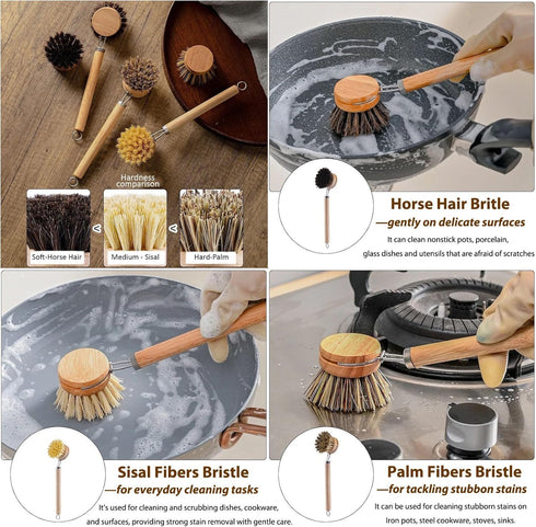 SUPRNN 1 3 Bamboo Dish Brush with Handle, Sturdy Wooden Handle with Natural Bristle Heads, Horsehair, Sisal, Palm - All