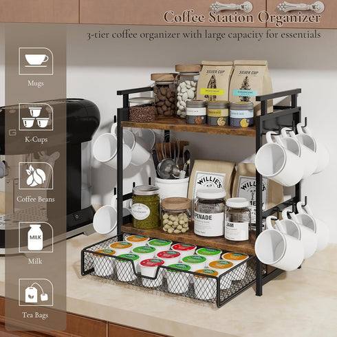 3 Countertop, 12 Coffee Bar Organizer, Tier Coffee Station Organizer for Mug Cup Holder Stand with Hooks, with K Cup