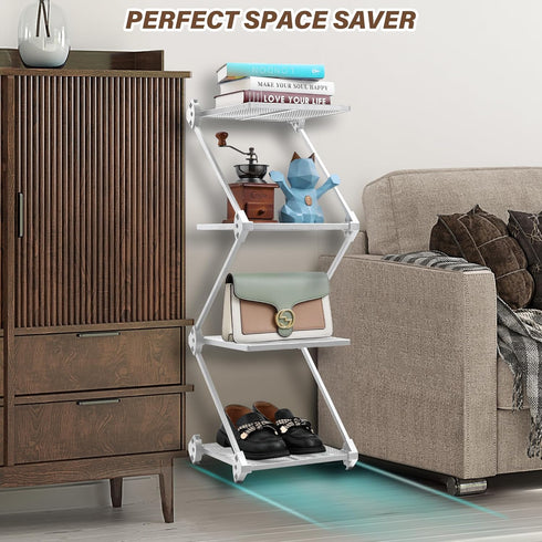 Small White 4 Tier Vertical Shoe Rack Shelf - Metal Tall Shoe Organizer for Entryway, Bedroom, Living Room - Space