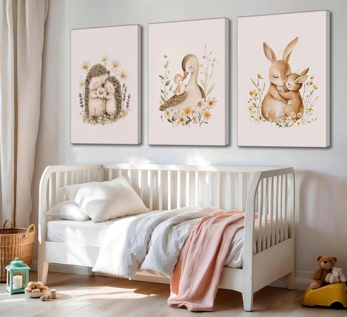 UNDDISINS 3 Pcs Animal Nursery Canvas Wall Art Watercolor Baby Animals with Wildflowers Painting Picture Wall Decor
